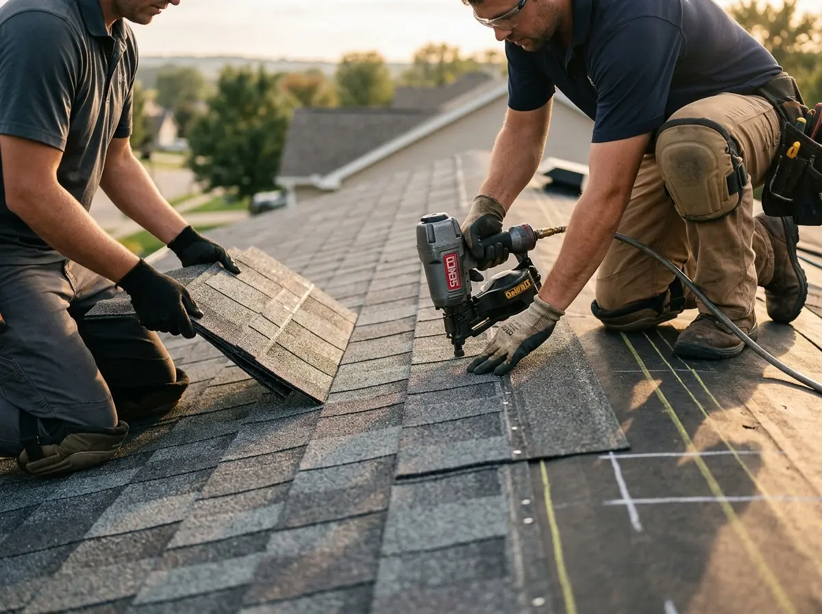 Professional roofer working on a residential roof in Winchendon